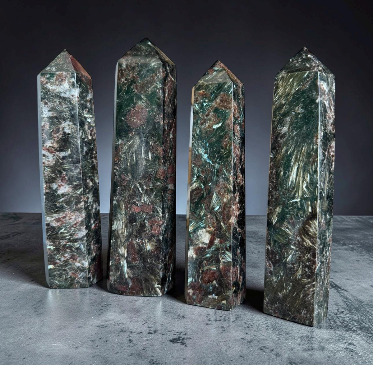 Astrophyllite Blue Arfvedsonite and Garnet Crystal Tower – Large Statement Decor, Silver-Blue Flash, Inner Clarity