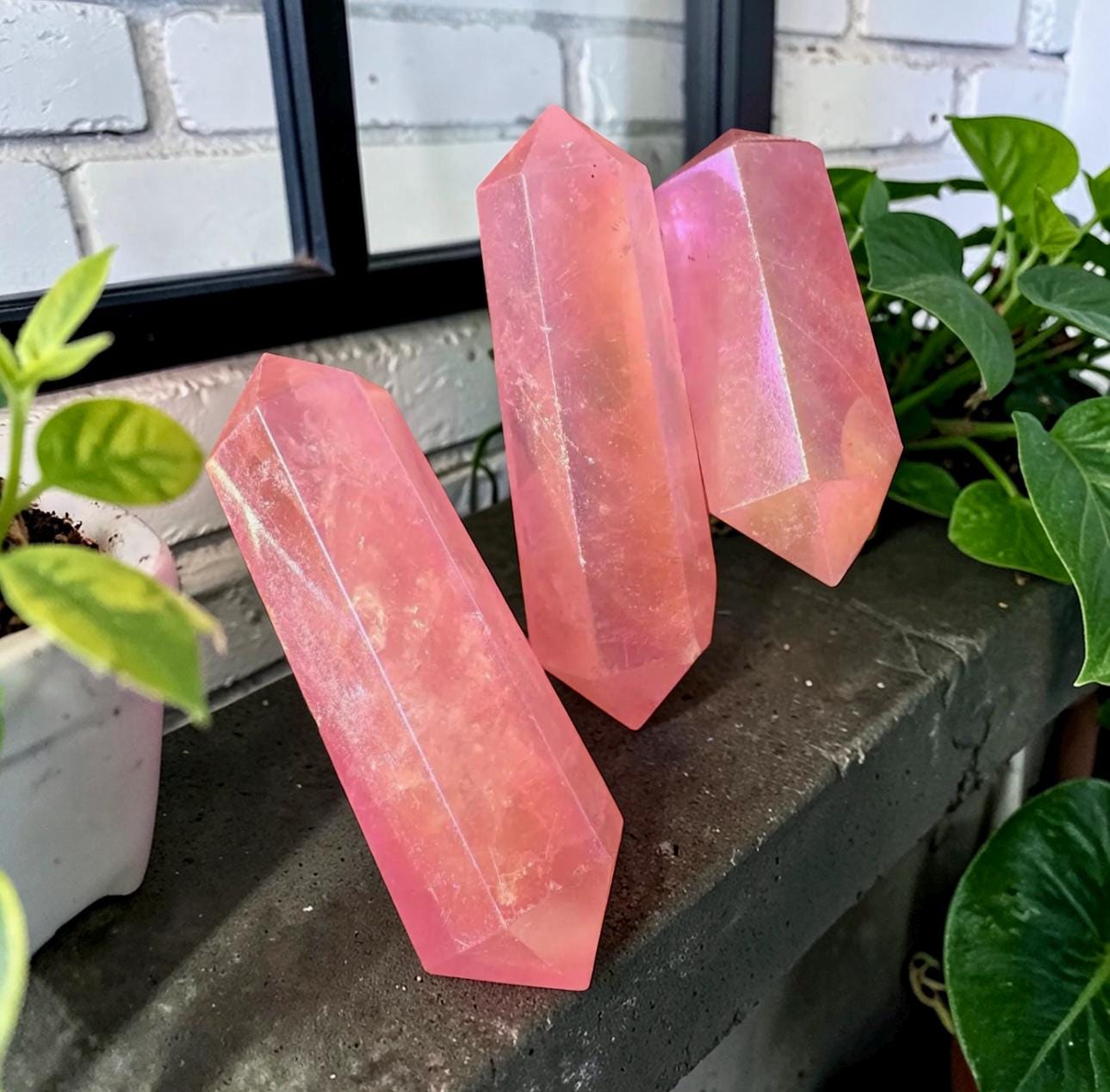 Pink Rose Aura Quartz Double Terminated Points – Calming Crystal for Balance