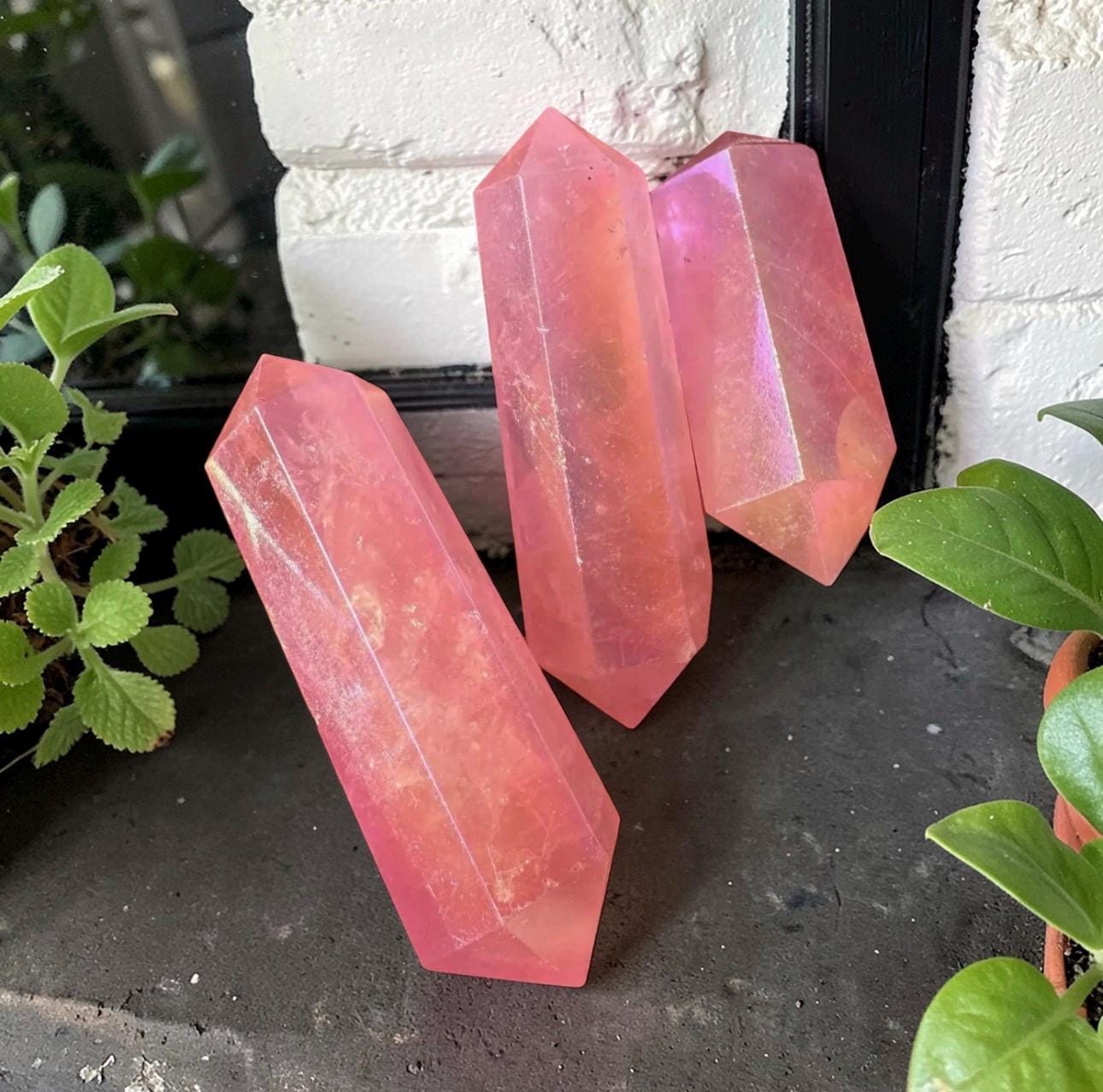 Pink Rose Aura Quartz Double Terminated Points – Calming Crystal for Balance