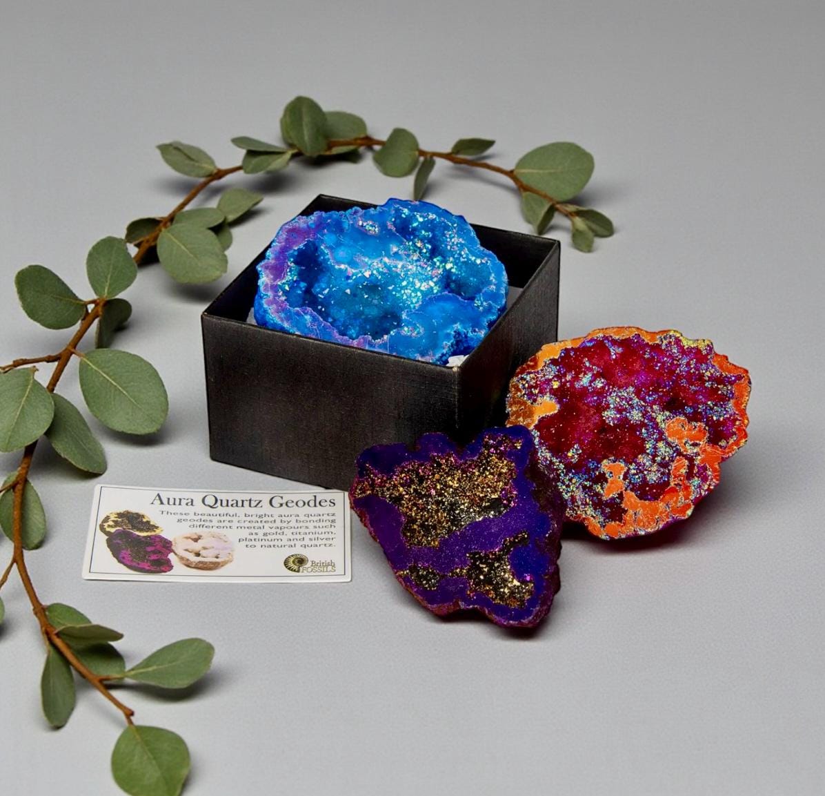 Aura Quartz Geode in a Gift Box, Mystery Rainbow Aura Crystal Decor, Spiritual Keepsake, Luna by Louise UK