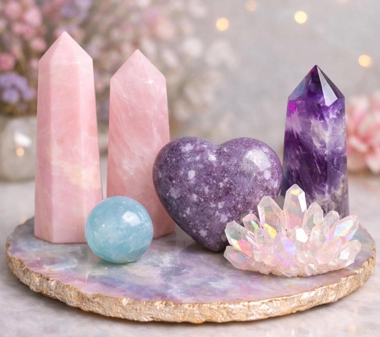 Pink Moon Crystal Box, Rose Quartz, Lepidolite Heart, Amethyst, Aquamarine Sphere