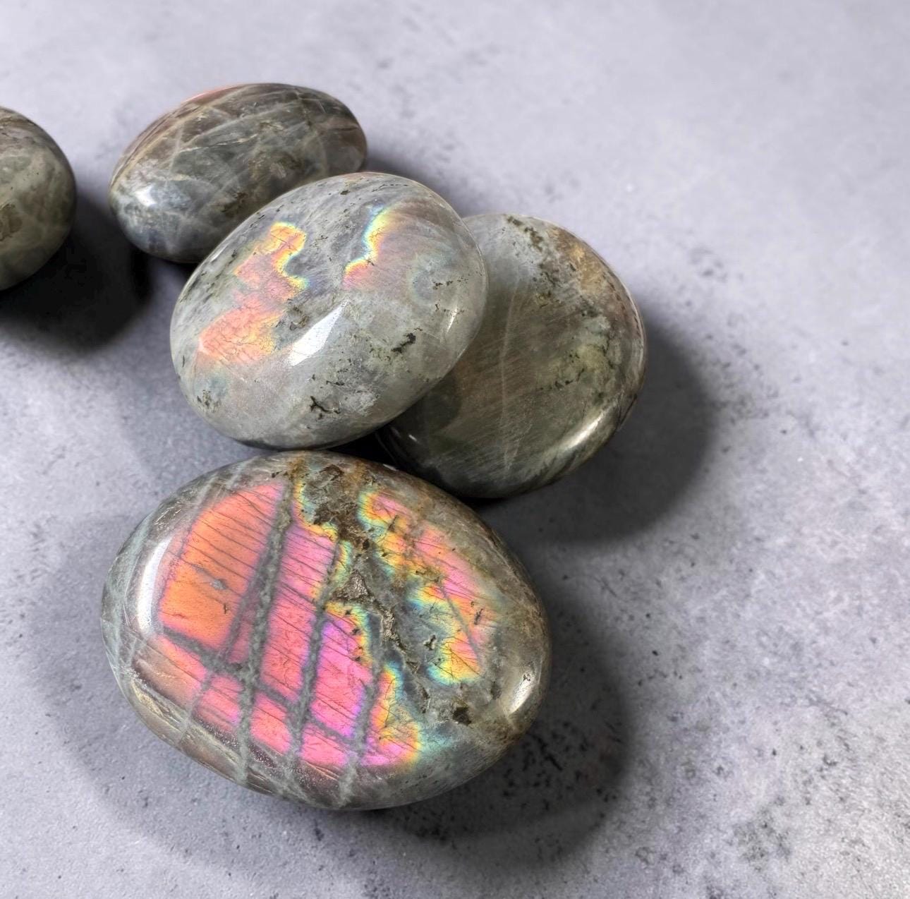 Sunset Labradorite Palm Stone: Pink - Purple - Gold and Blues. Calming Crystal for Meditation