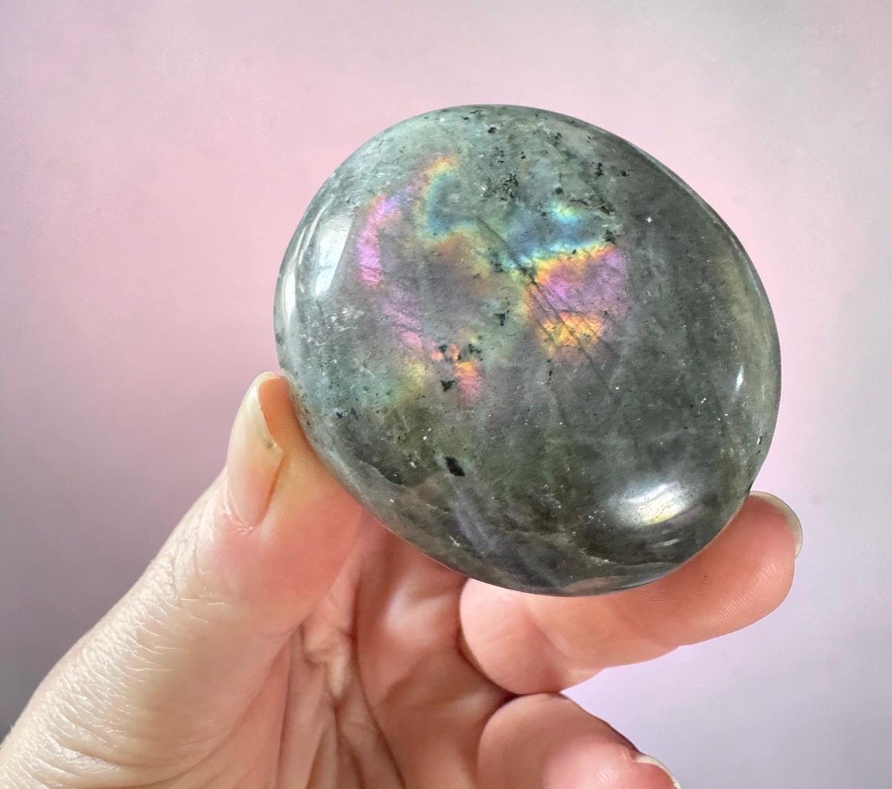 Sunset Labradorite Palm Stone: Pink - Purple - Gold and Blues. Calming Crystal for Meditation