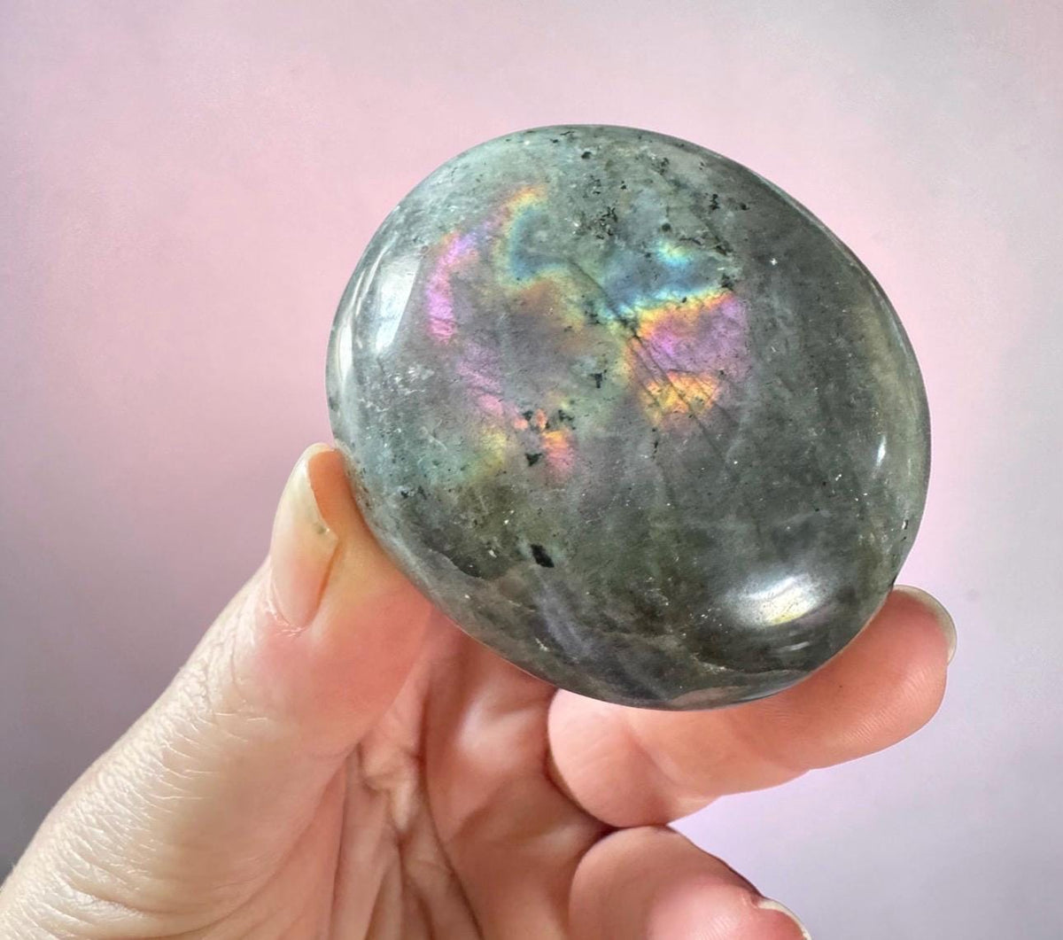 Sunset Labradorite Palm Stone: Pink - Purple - Gold and Blues. Calming Crystal for Meditation