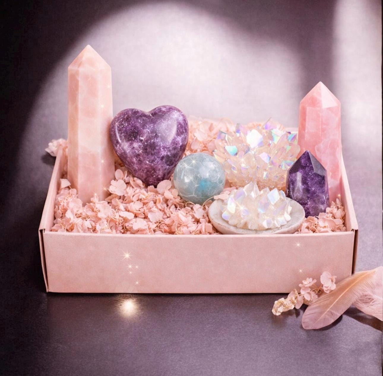 Pink Moon Crystal Box, Rose Quartz, Lepidolite Heart, Amethyst, Aquamarine Sphere