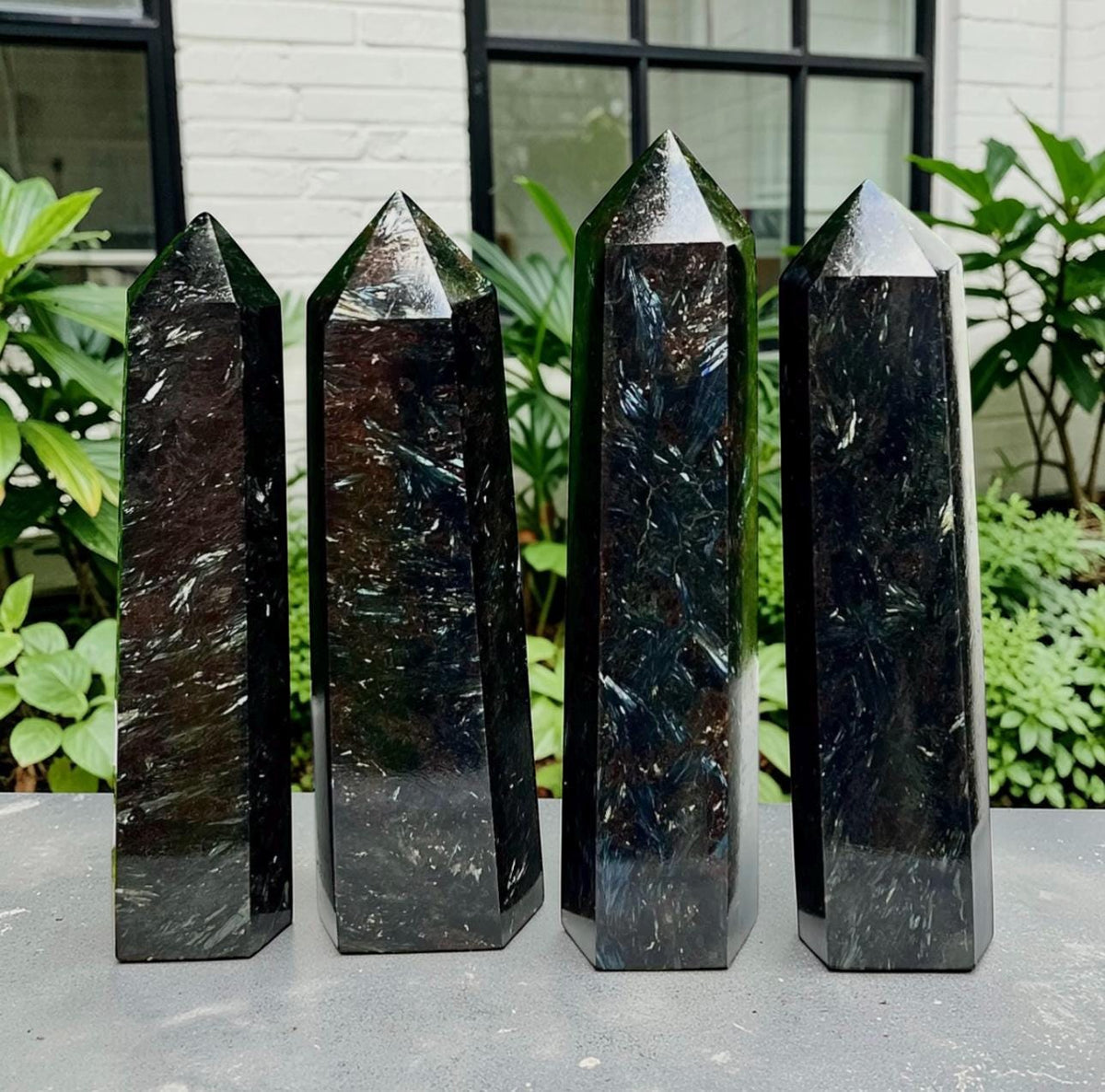 Astrophyllite Blue Arfvedsonite and Garnet Crystal Tower – Large Statement Decor, Silver-Blue Flash, Inner Clarity