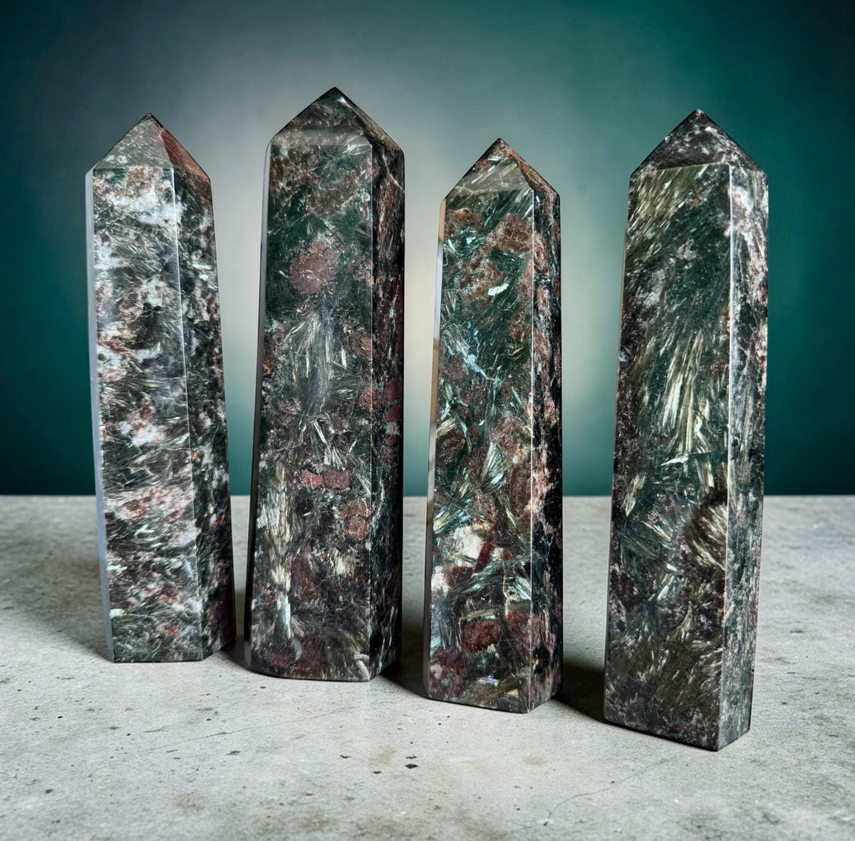 Astrophyllite Blue Arfvedsonite and Garnet Crystal Tower – Large Statement Decor, Silver-Blue Flash, Inner Clarity