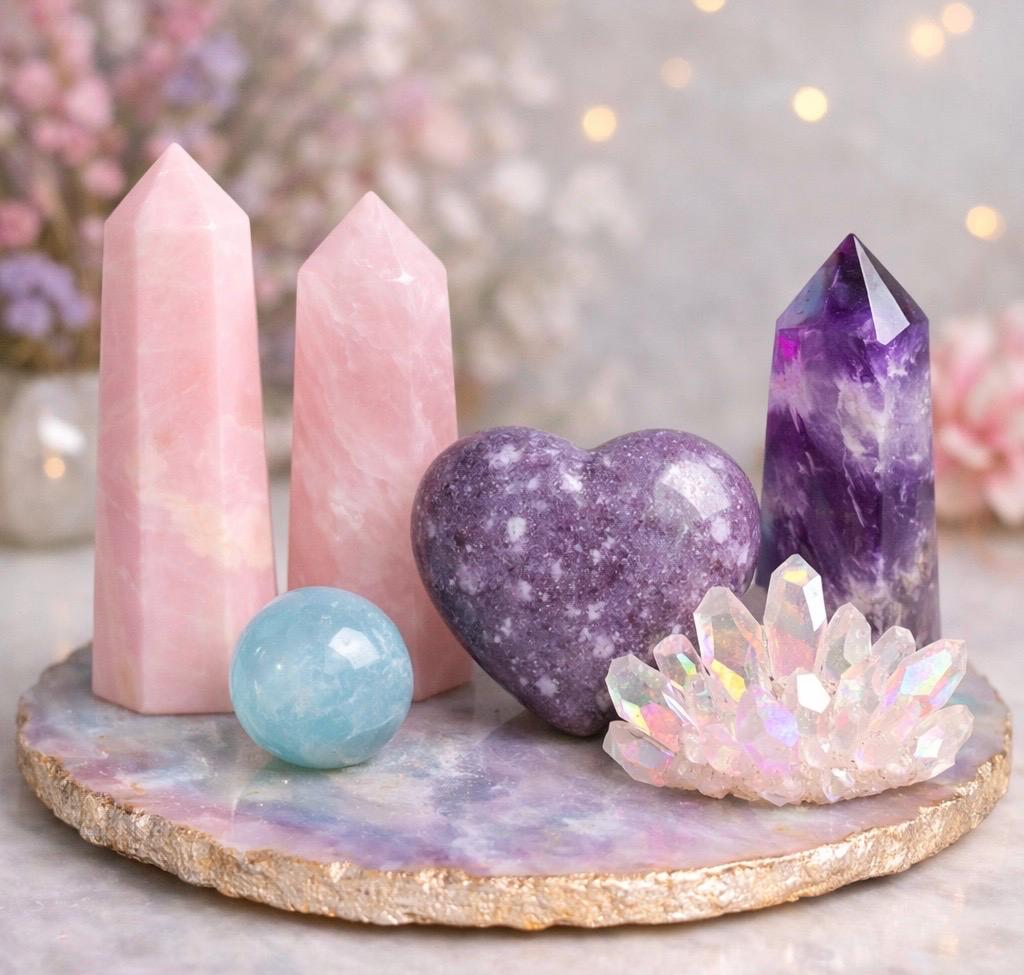 Pink Moon Crystal Box, Rose Quartz, Lepidolite Heart, Amethyst, Aquamarine Sphere