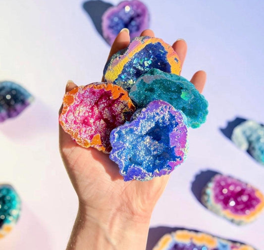 Aura Quartz Geode Gift Box, Rainbow Crystal Decor, Spiritual Keepsake, Luna by Louise UK