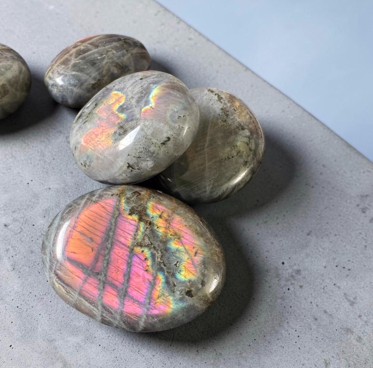 Sunset Labradorite Palm Stone: Pink - Purple - Gold and Blues. Calming Crystal for Meditation