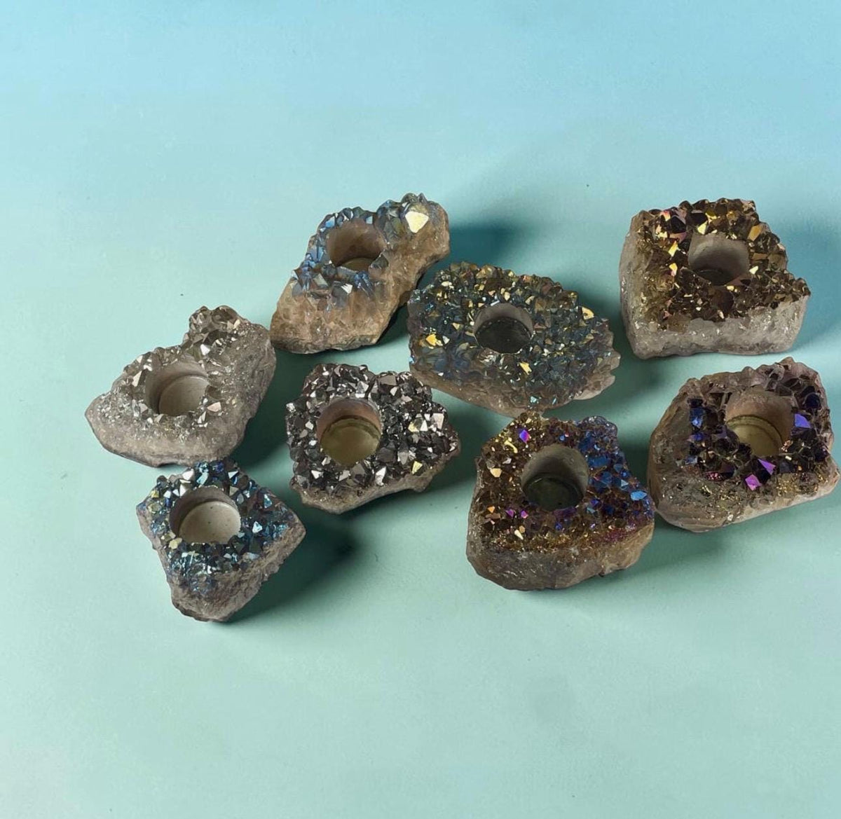 Rainbow Aura Amethyst Candle Holder - Beautifully Unique Aura Amethyst Candle Holder. One of a Kind Crystal. Rare Find