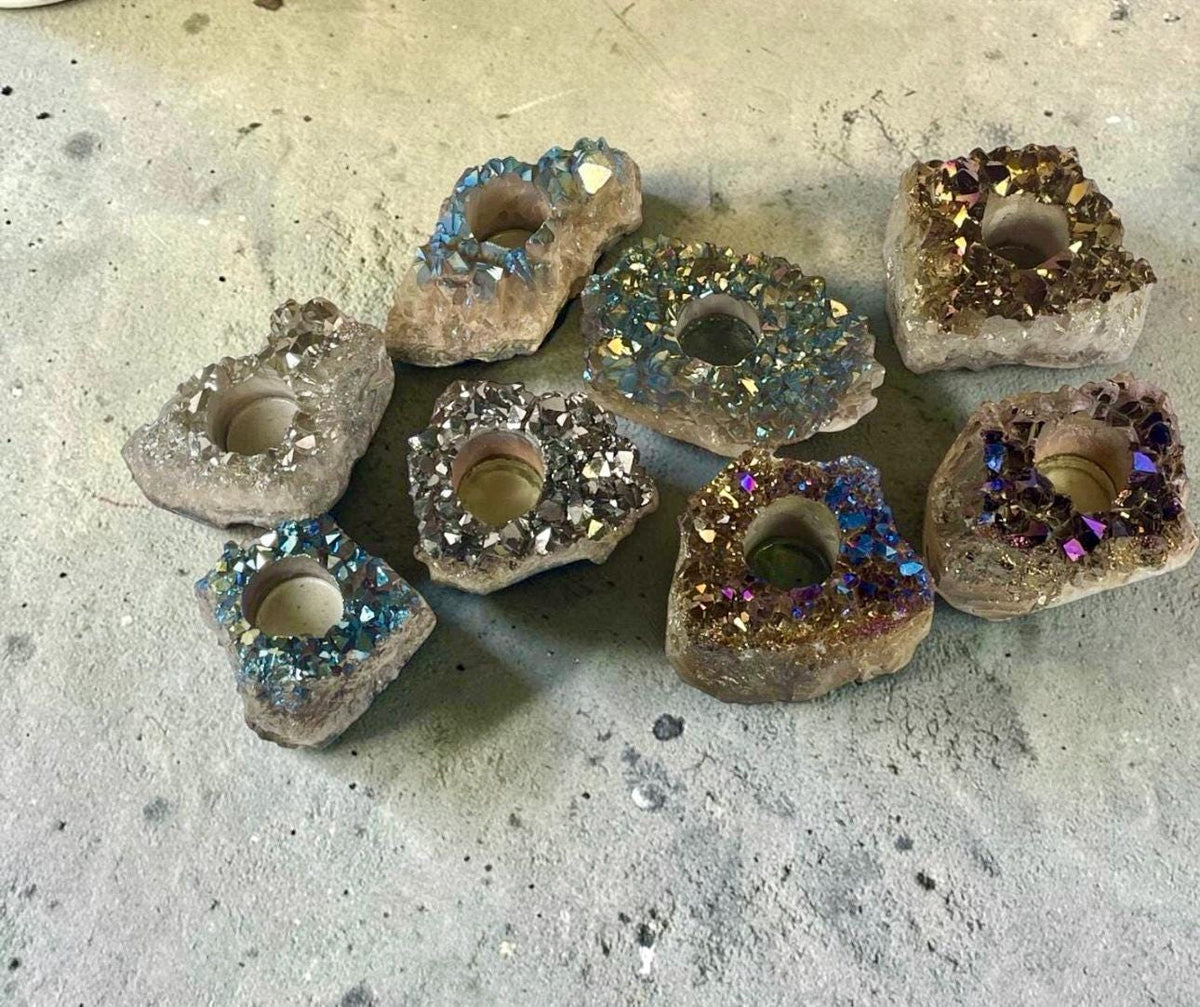 Rainbow Aura Amethyst Candle Holder - Beautifully Unique Aura Amethyst Candle Holder. One of a Kind Crystal. Rare Find