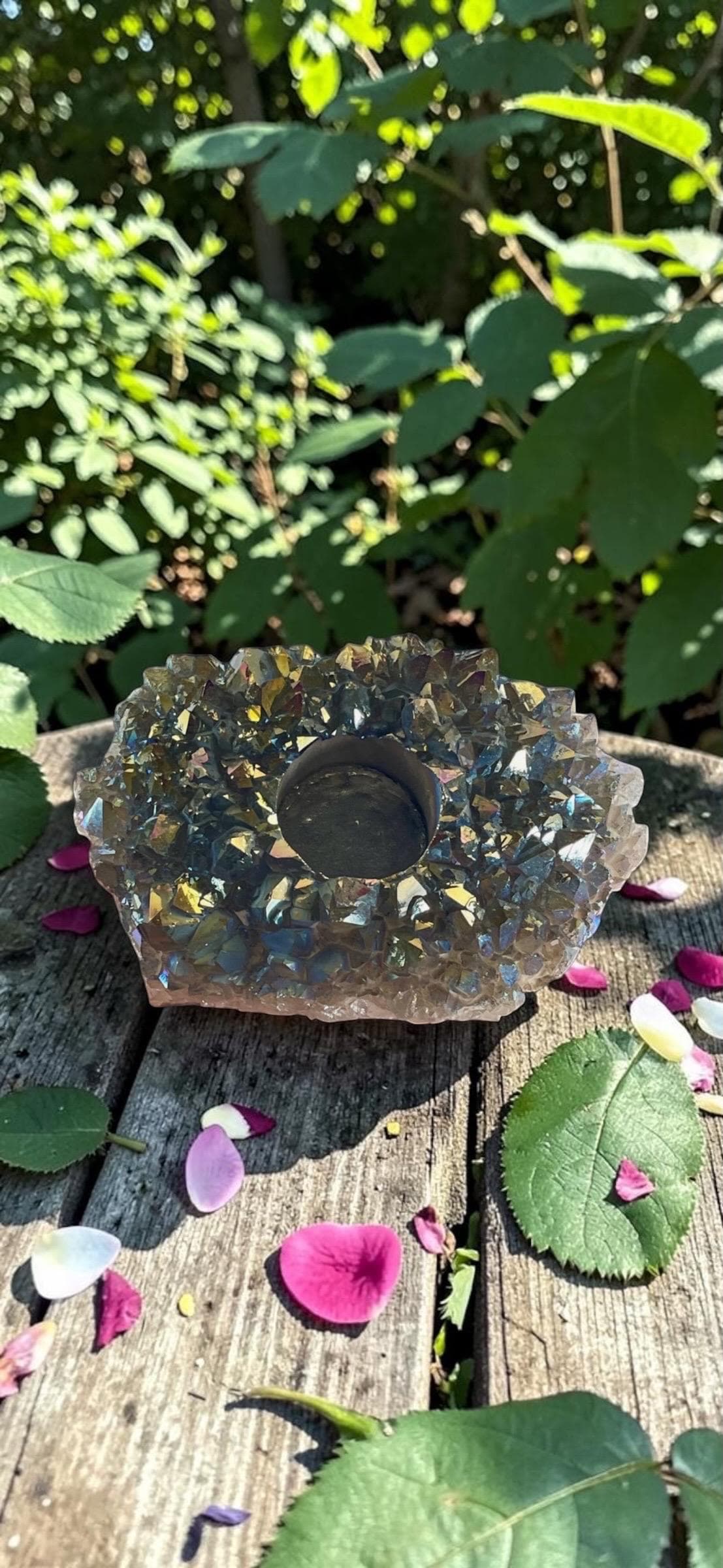 Rainbow Aura Amethyst Candle Holder - Beautifully Unique Aura Amethyst Candle Holder. One of a Kind Crystal. Rare Find
