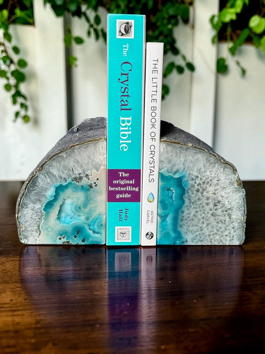 Teal Agate & Quartz Crystal Geode Bookends | Luxury Natural Agate Book Ends | Crystal Home Décor | Office Shelf Styling | #2