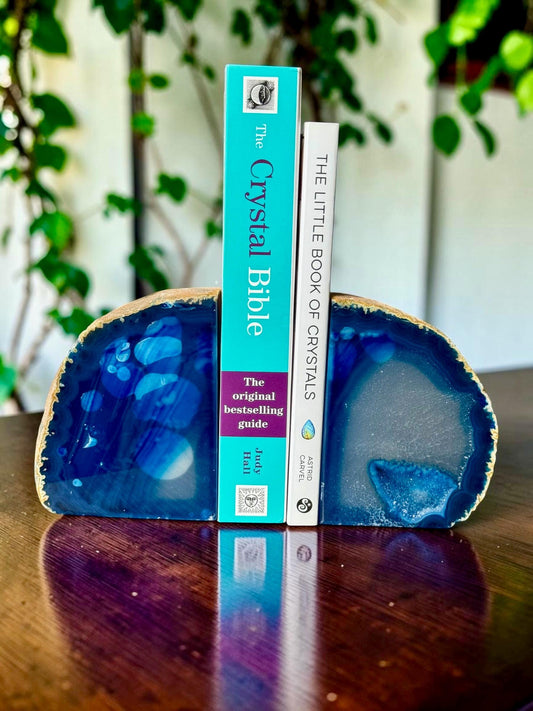 Blue Agate & Quartz Crystal Geode Bookends | Luxury Natural Agate Book Ends | Quartz Crystal Home Décor | Statement Crystal Gift | Set #1