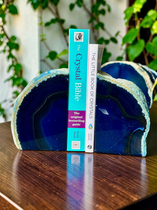 Blue Agate & Quartz Crystal Geode Bookends | Luxury Natural Agate Book Ends | Quartz Crystal Home Décor | Statement Crystal Gift | Set #2