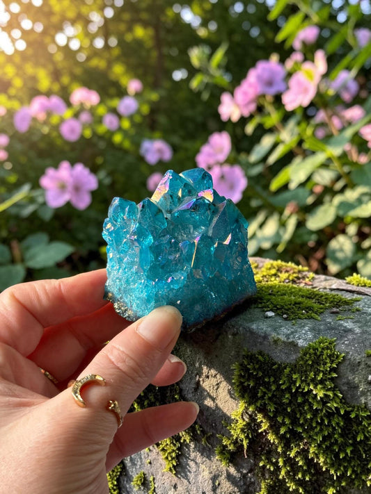 Aqua Aura Amethyst Cluster: Calming Crystal for Meditation