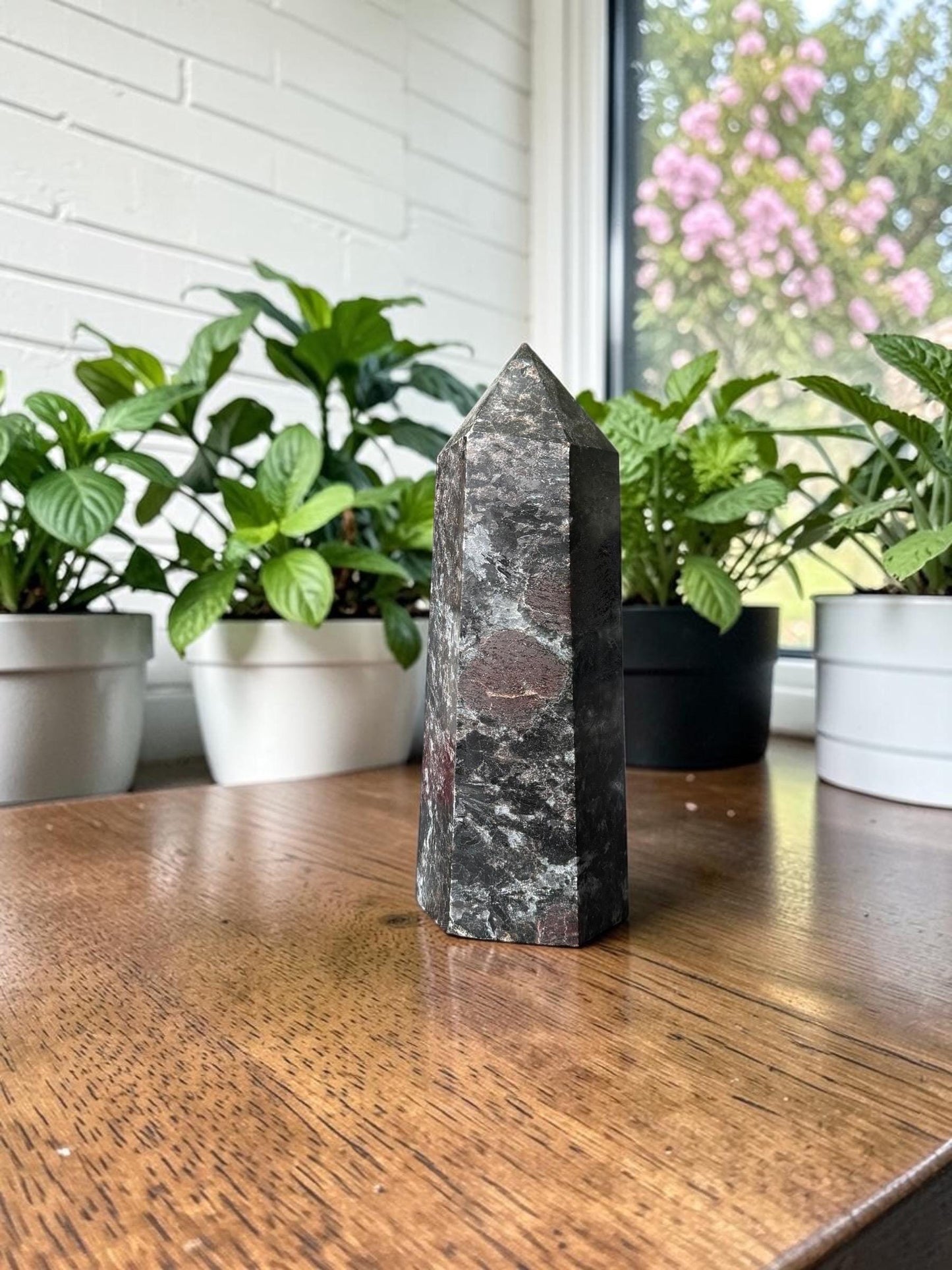 Astrophyllite Blue Arfvedsonite and Garnet Crystal Tower – Large Statement Decor, Silver-Blue Flash, Inner Clarity