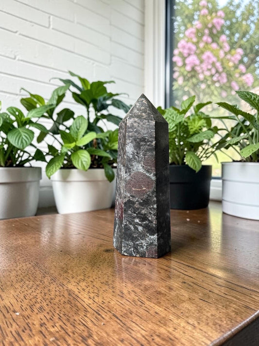 Astrophyllite Blue Arfvedsonite and Garnet Crystal Tower – Large Statement Decor, Silver-Blue Flash, Inner Clarity