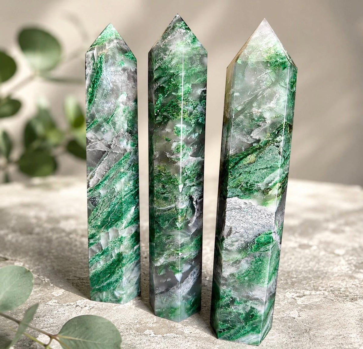 Moss Agate Large Tower: Polished Crystal Obelisk for Growth & Balance