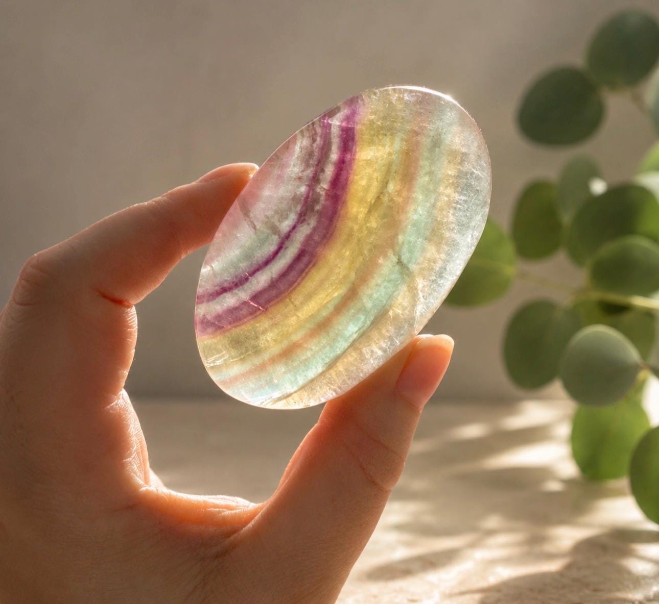 Candy Fluorite Palm Stone: Polished Healing Crystal for Focus & Calm