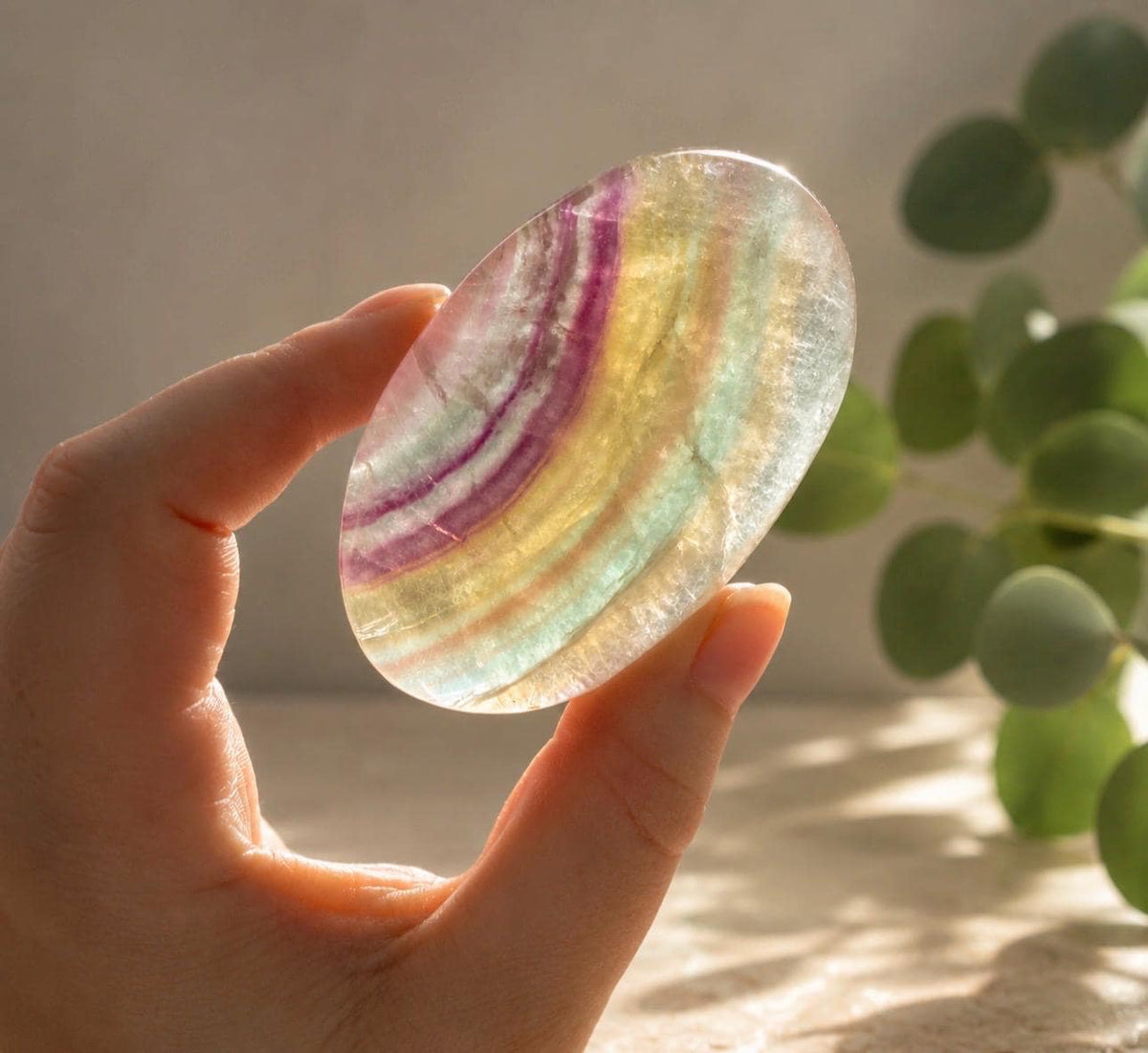 Candy Fluorite Palm Stone: Polished Healing Crystal for Focus & Calm