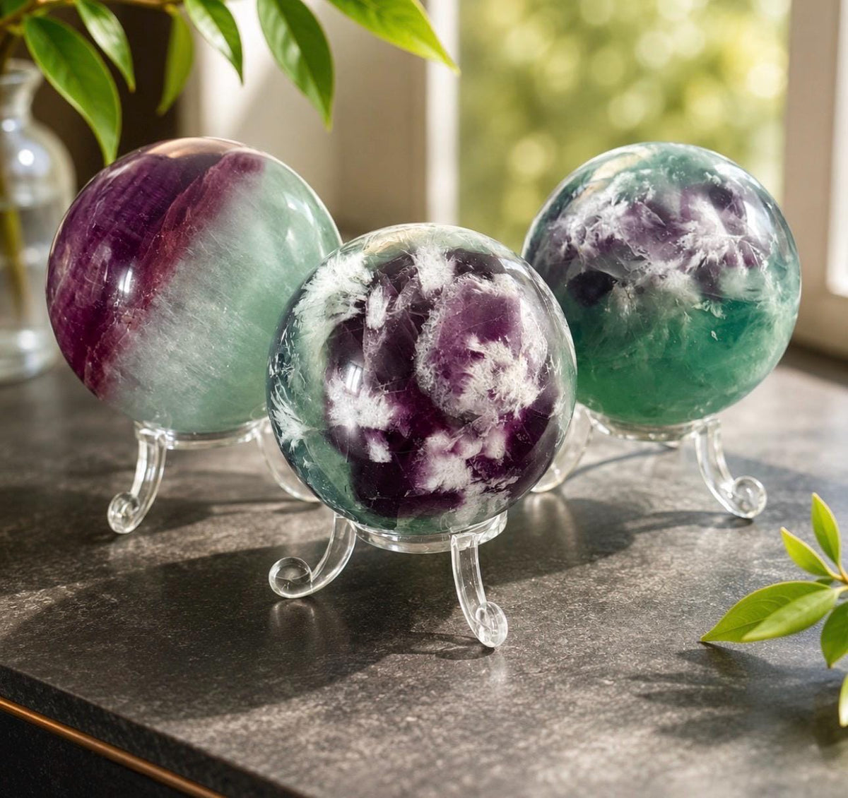 Feather Fluorite Crystal Sphere (55-65mm) – Dreamy Polished Stone, Optional LED Stand