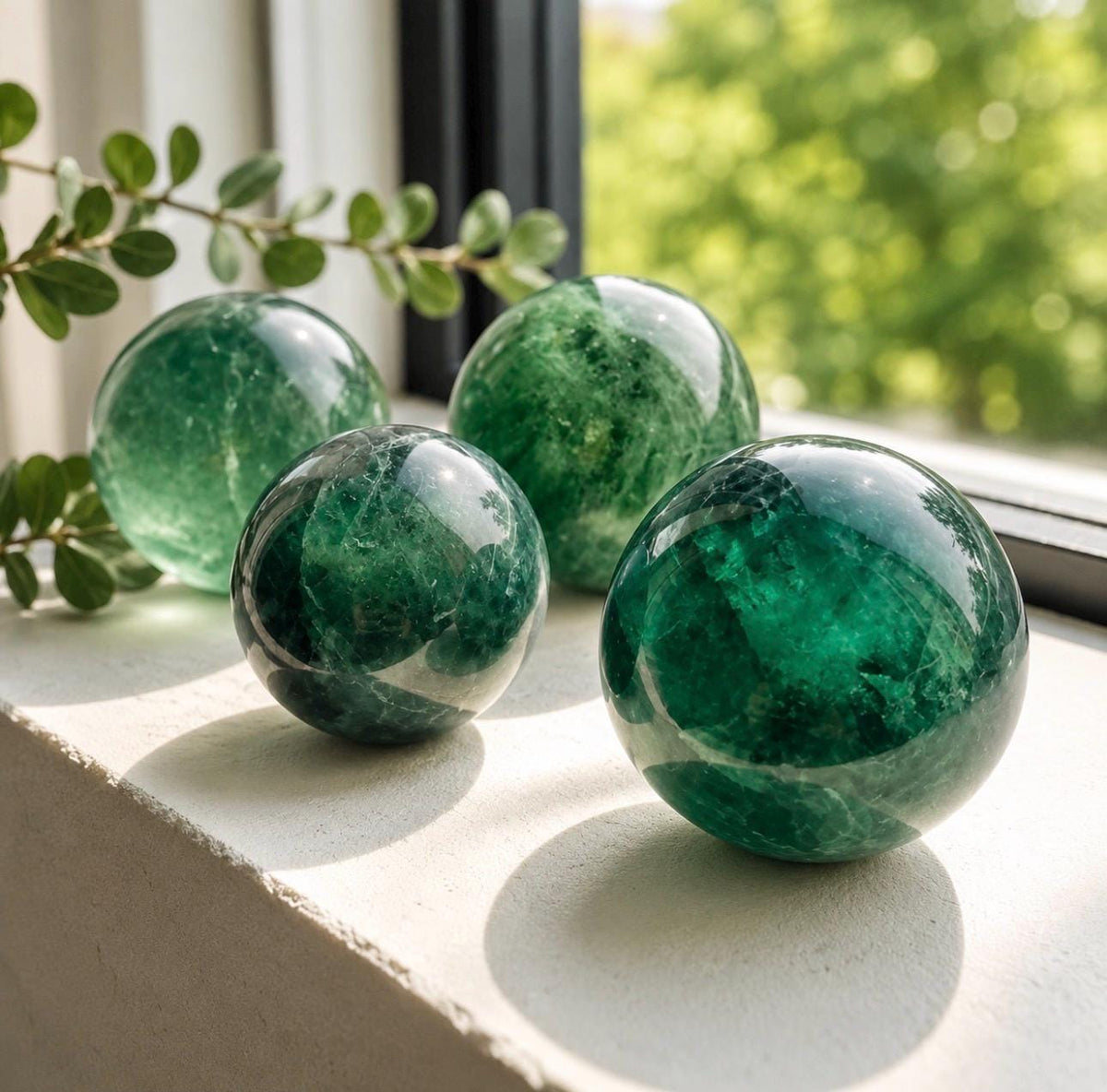 Green Fluorite Sphere Lamp, Wooden Branch Base, USB Powered