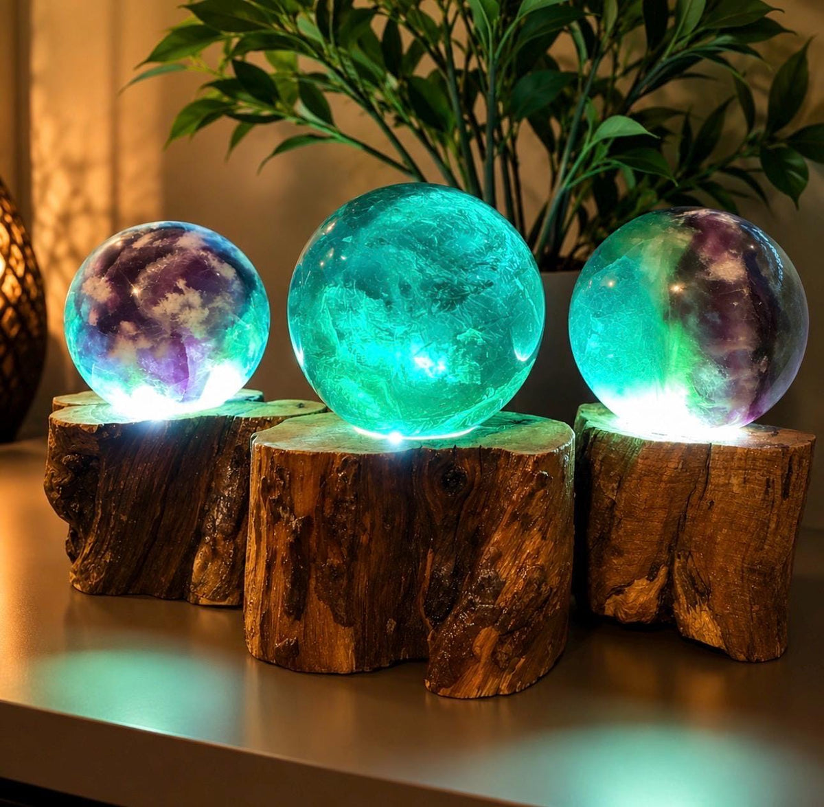 Green Fluorite Sphere Lamp, Wooden Branch Base, USB Powered