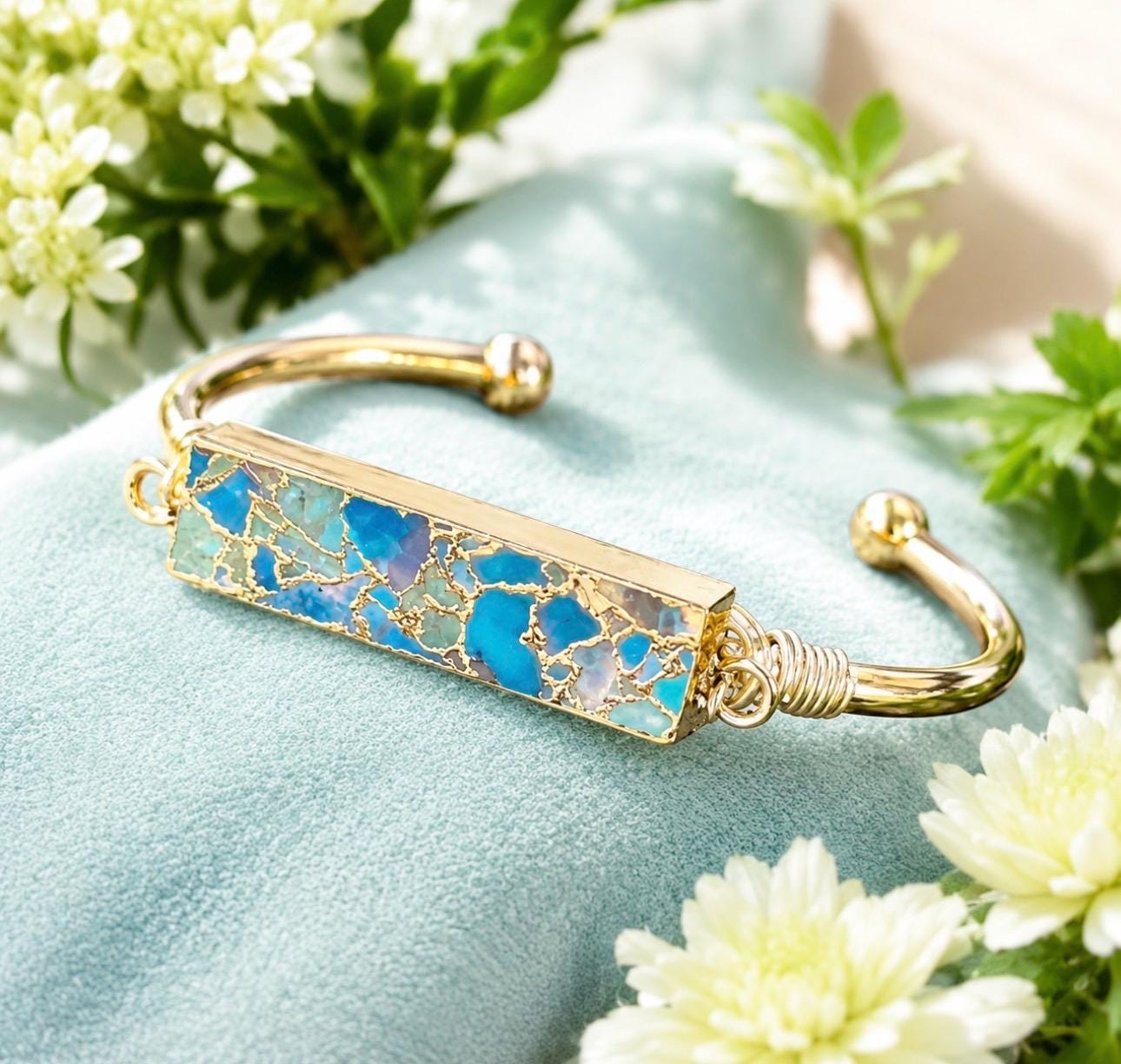 Turquoise Bar Cuff Bangle | Handmade Crystal Bracelet | Luna by Louise, Crystal Shop UK