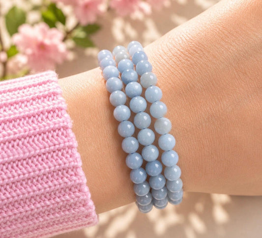 Angelite Crystal 6mm Bead Bracelet: Calm Energy, Luna by Louise 7.5"
