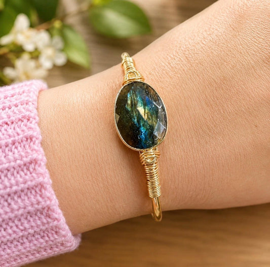 Labradorite Cuff Bangle: Crystal Healing Bangle. Handmade and Gold Plated