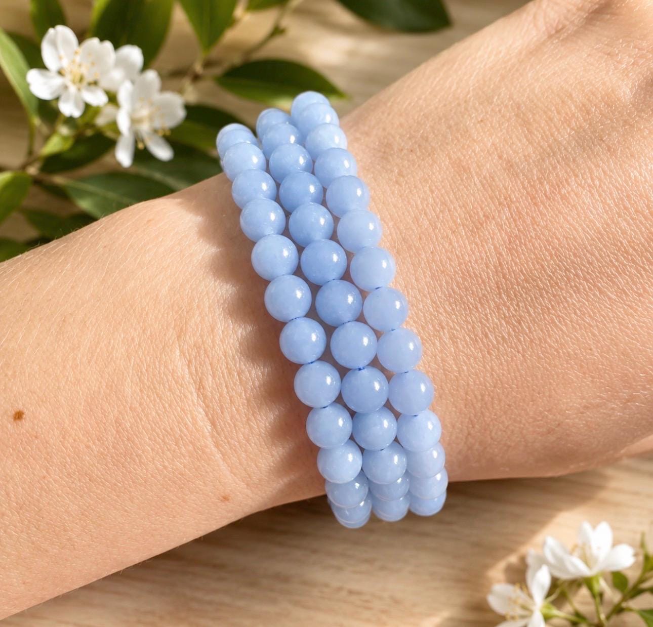 Aquamarine Crystal 6mm Bead Bracelet: Calm Energy, Luna by Louise 7.5"
