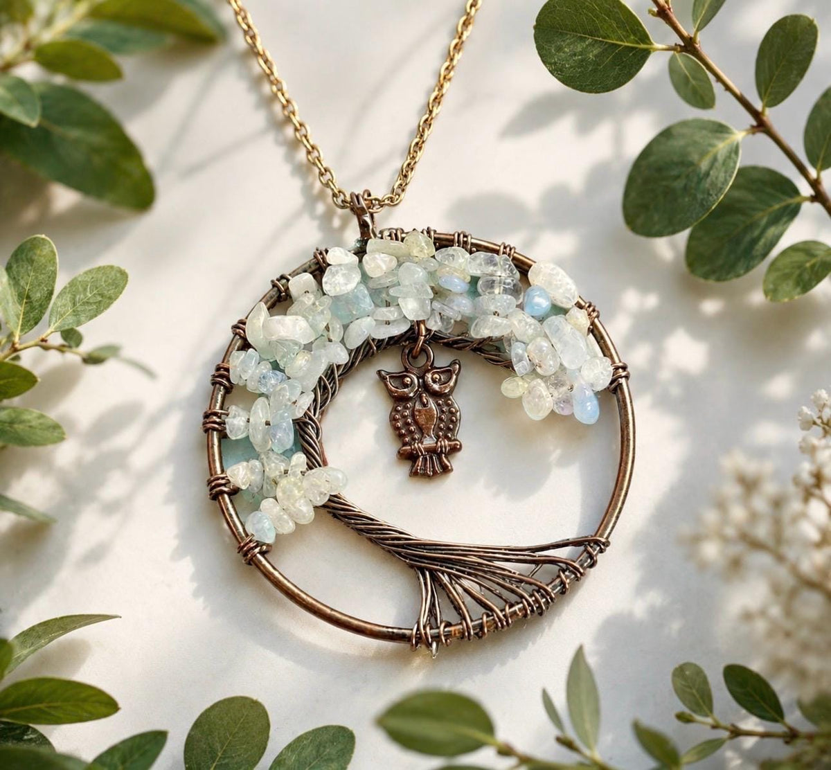 Aquamarine Tree of Life Pendant with Owl Charm: Boho Crystal Necklace