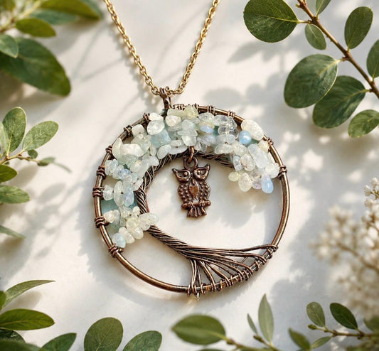 Aquamarine Tree of Life Pendant with Owl Charm: Boho Crystal Necklace