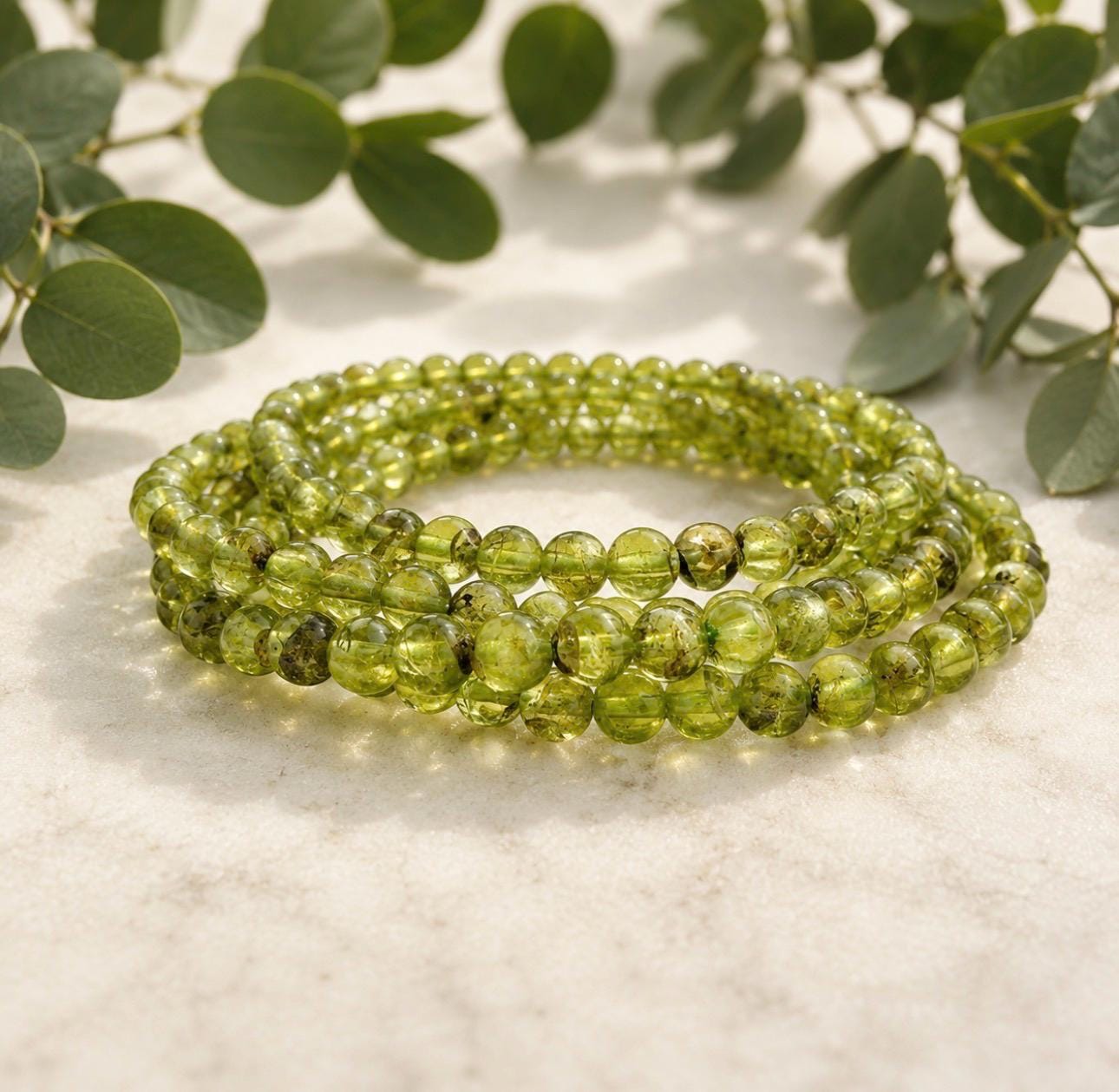 Handmade Peridot 3mm Crystal Bead Stretch Bracelet (7.5”)