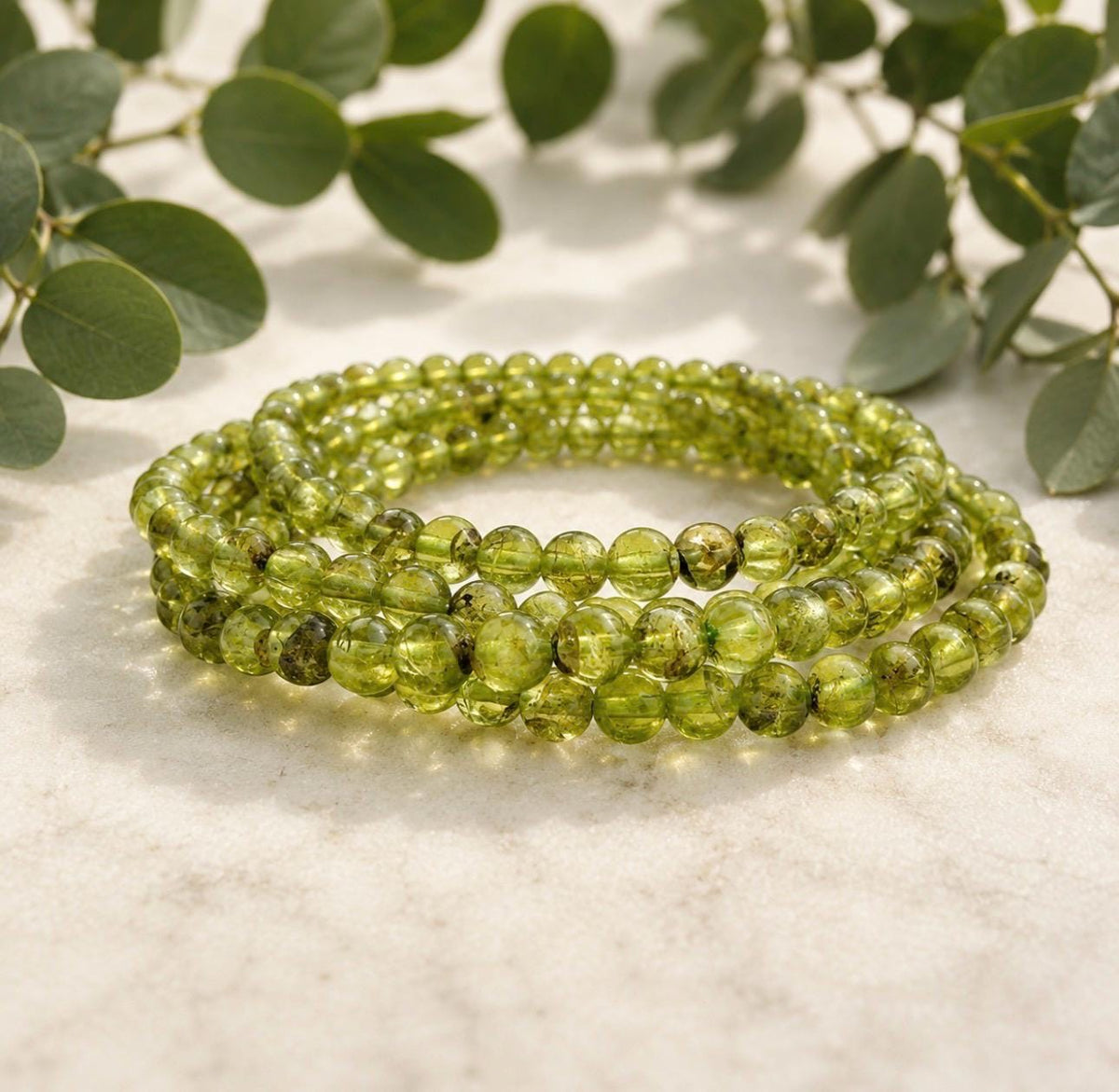 Handmade Peridot 3mm Crystal Bead Stretch Bracelet (7.5”)