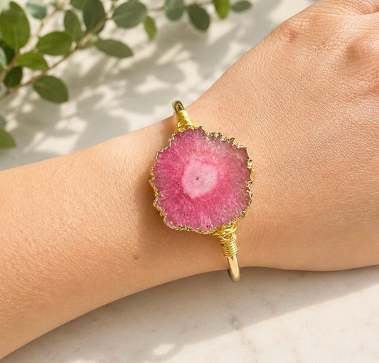 Handmade Pink Agate Cuff Bangle: Gold Plated Crystal Bracelet