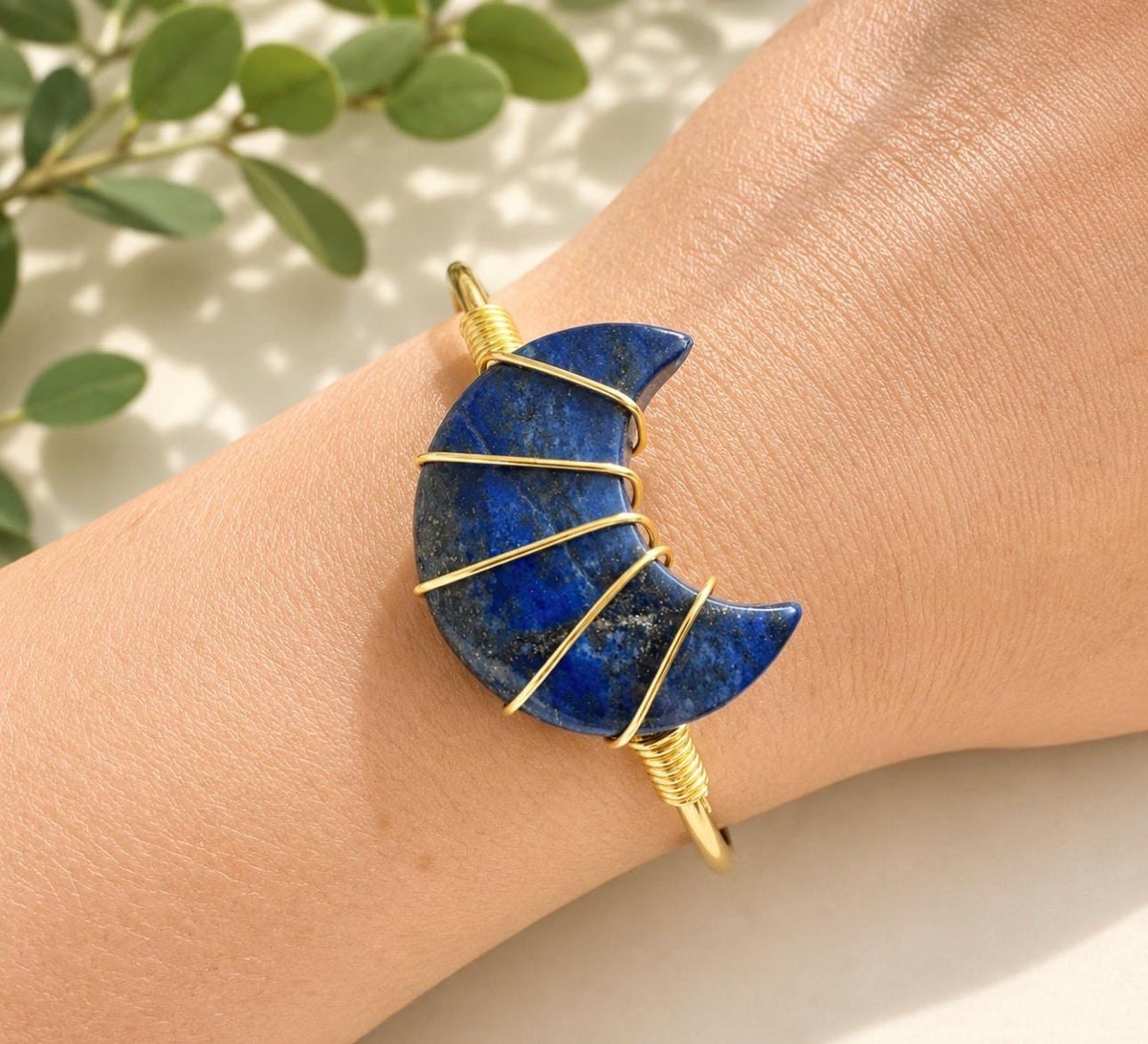 Lapis Lazuli Moon Bangle: Gold Plated Crystal Cuff. Handmade