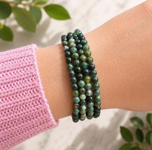 Moss Agate Crystal Bracelet: 3mm Polished Beads, 7.5. Grounding Energy
