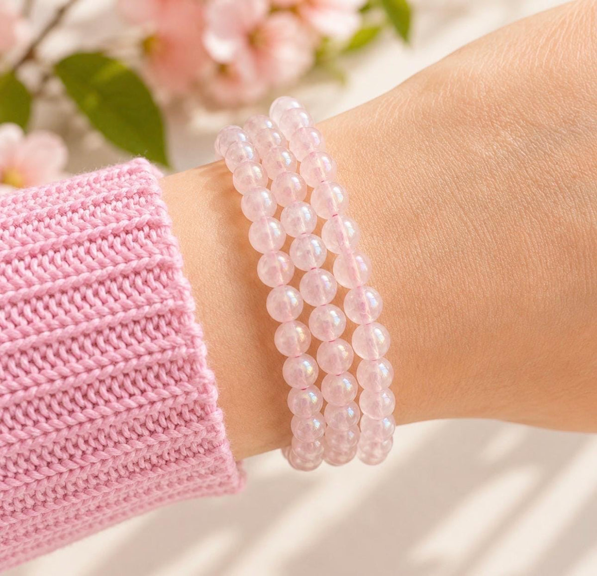 Rose Aura 5mm Quartz Bracelet: Rainbow Shimmer Crystal Jewelry, 7.5"