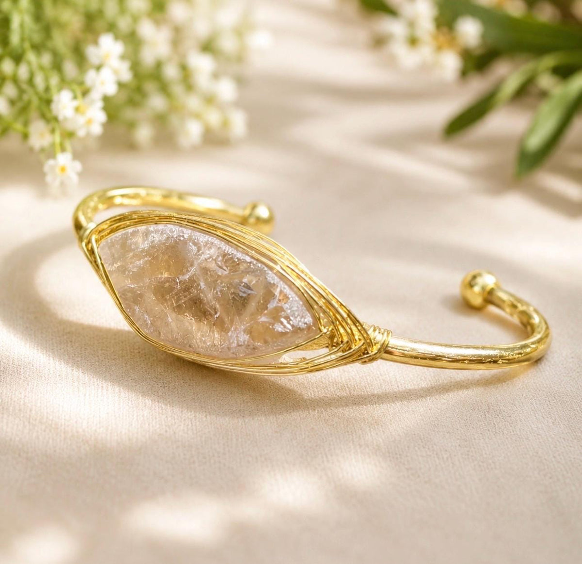 Smokey Quartz Cuff Bangle: Raw Crystal Bracelet. Gold Plated