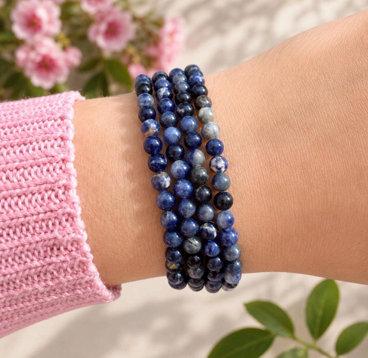 Sodalite Crystal Bracelet: 3mm Polished Blue Beads, Calm & Clarity