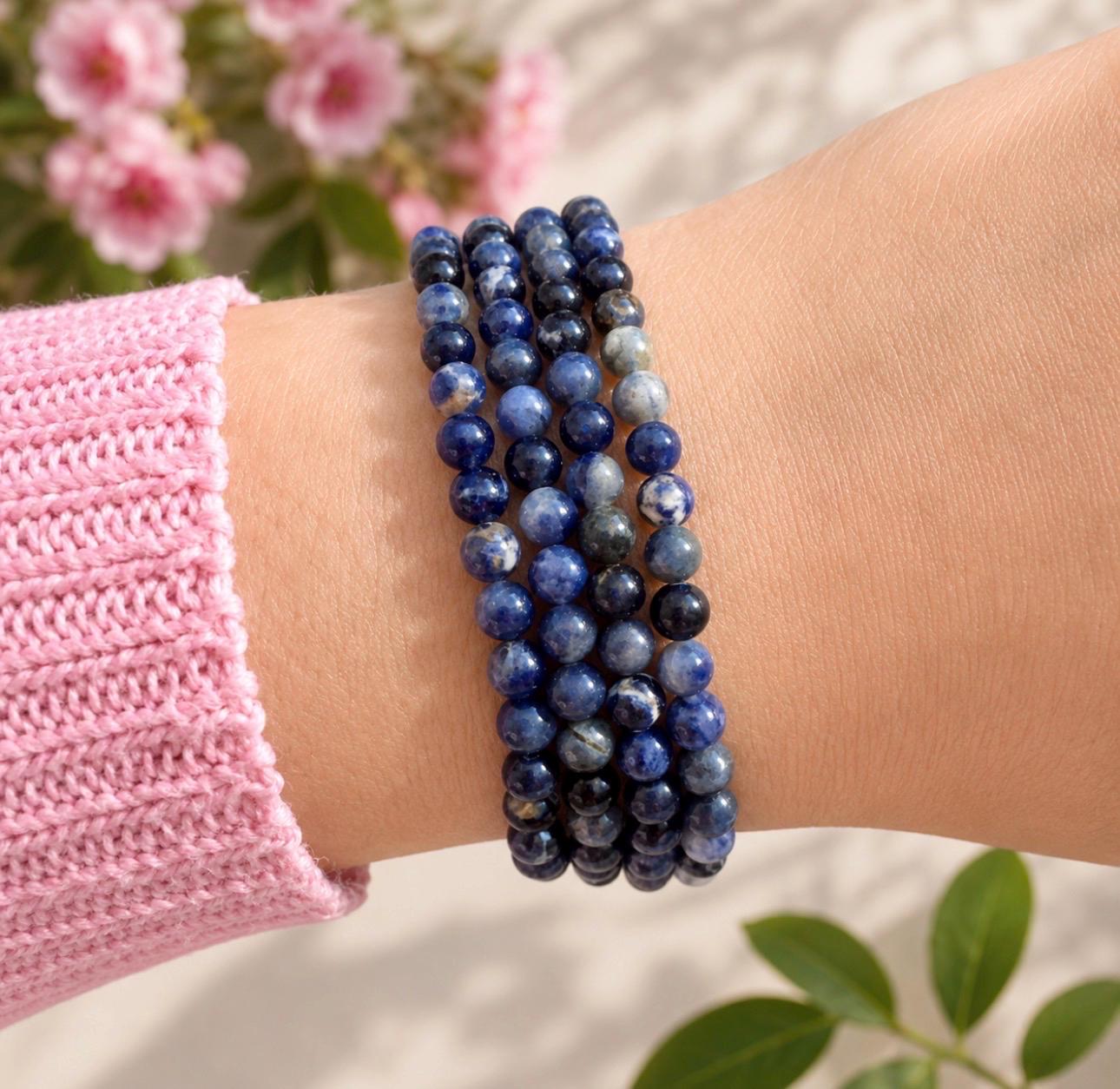 Sodalite Crystal Bracelet: 3mm Polished Blue Beads, Calm & Clarity