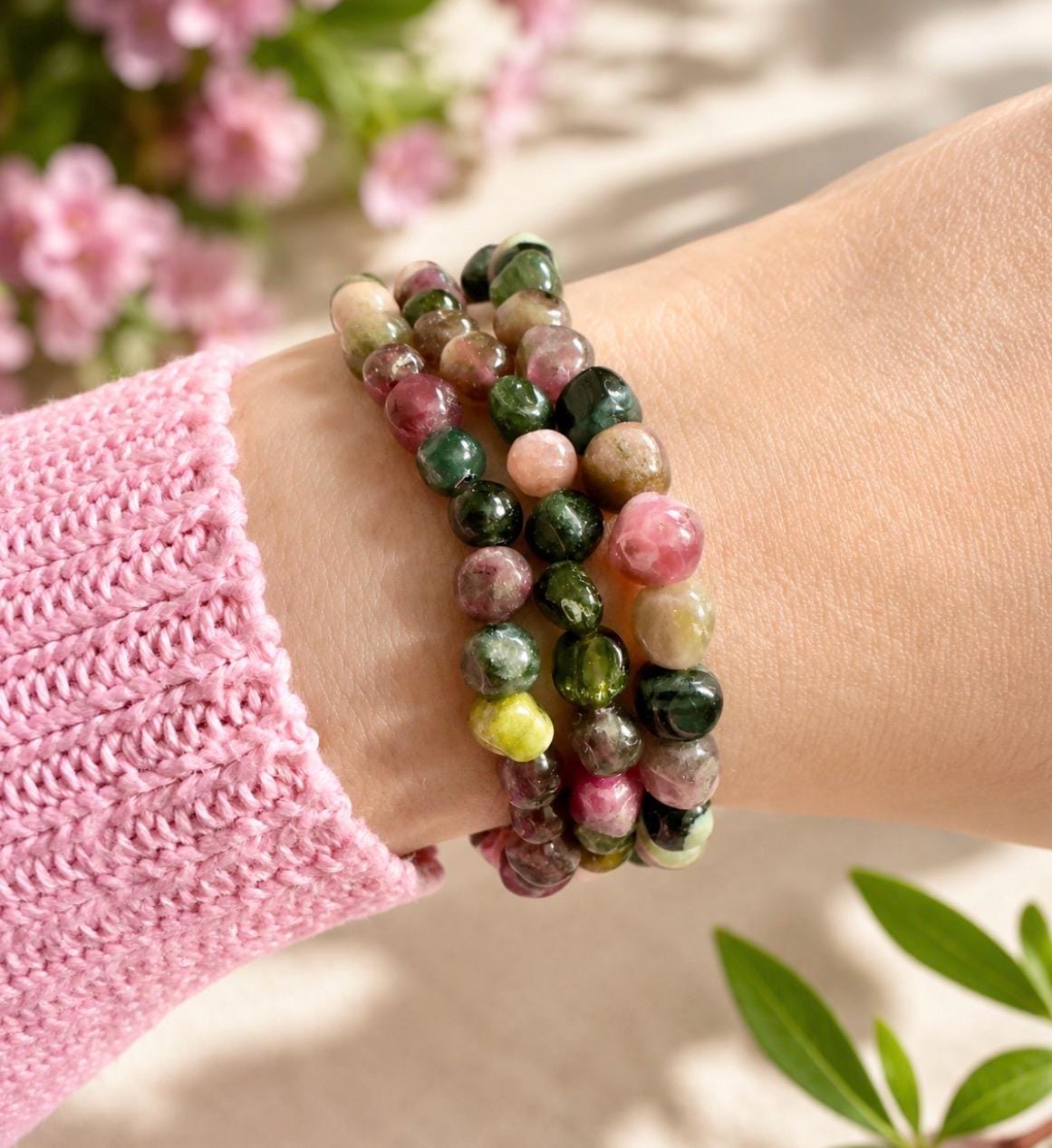 Watermelon Tourmaline Bracelet: Polished Crystal Beads, Joy & Balance - 7.5"