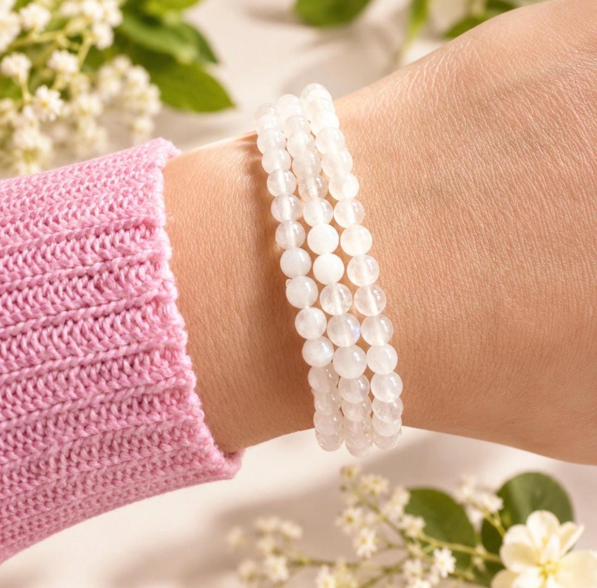 White Moonstone Crystal Bracelet • 3mm, Emotional Support (7.5)