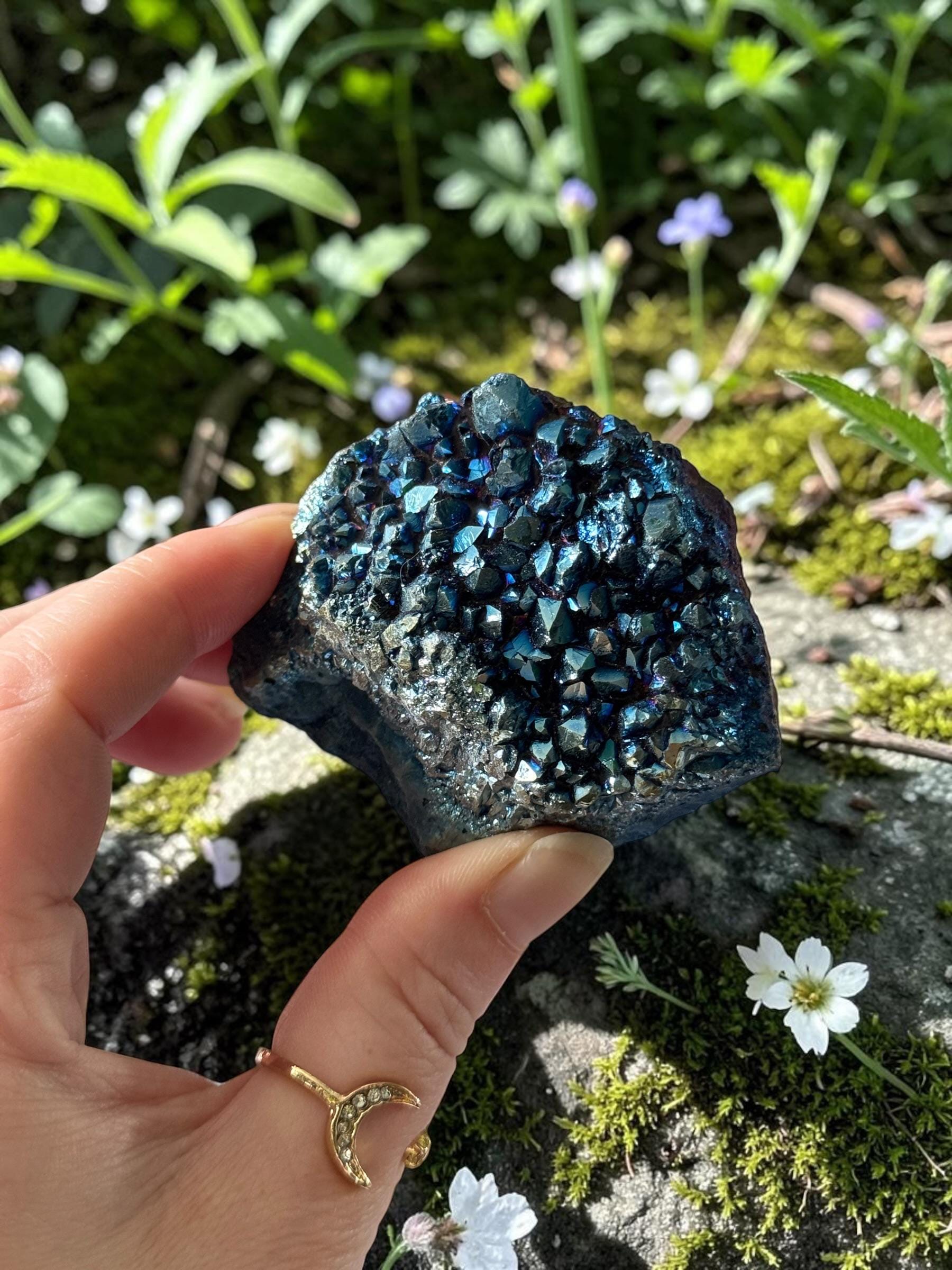 Mystic Blue Aura Amethyst Cluster | High Shine Druzy Crystal, Statement Piece