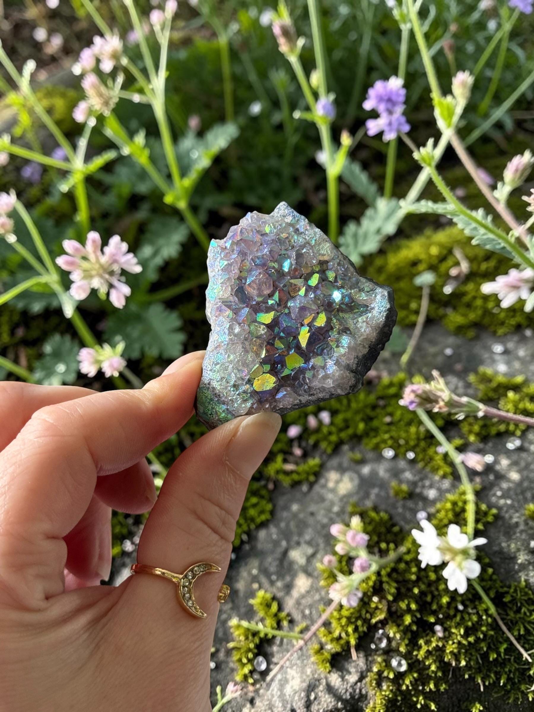 Amethyst Galaxy Aura Small Cluster: Iridescent Cosmic Beauty Crystal
