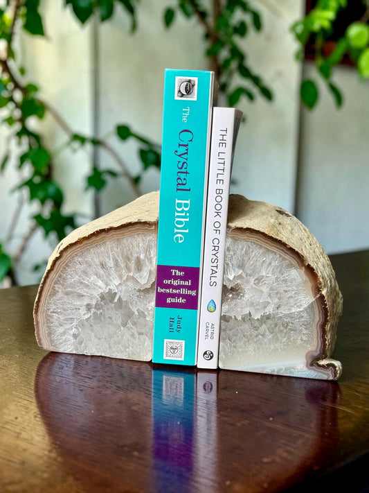 Natural Agate & Quartz Crystal Geode Bookends | Luxury Quartz Crystal Book Ends | Polished Agate Home Décor | Statement Crystal Gift |Set #1