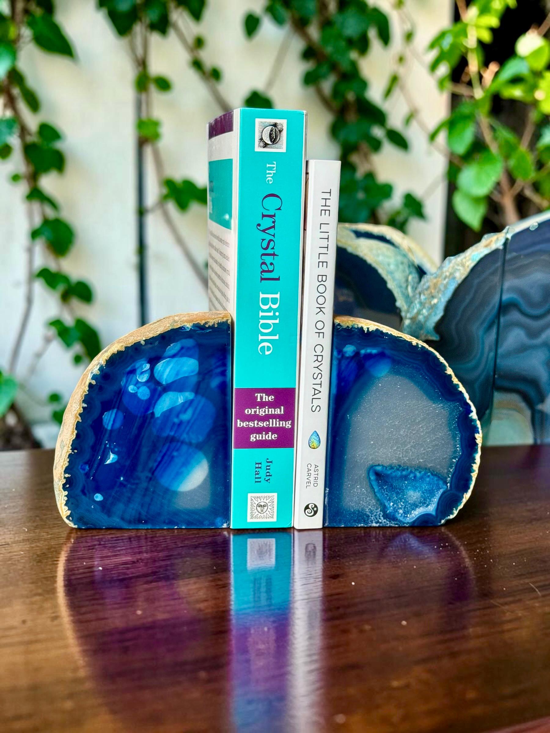 Blue Agate & Quartz Crystal Geode Bookends | Luxury Natural Agate Book Ends | Quartz Crystal Home Décor | Statement Crystal Gift | Set #1